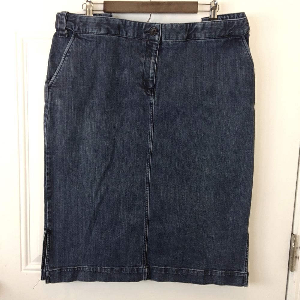 Lands' end blue denim four pocket skirt with hidden elastic waistband and